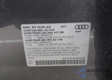 2018 Audi Q3 2.0T Premium/2.0T Sport Premium z USA, uszkodzony, nr VIN WA1JCCFS9JR002536